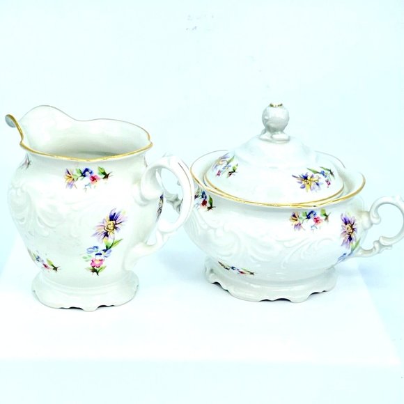 Vintage Walbrzych Rose Crest Bone China Sugar Bowl Creamer Set Made in Poland - Picture 1 of 12